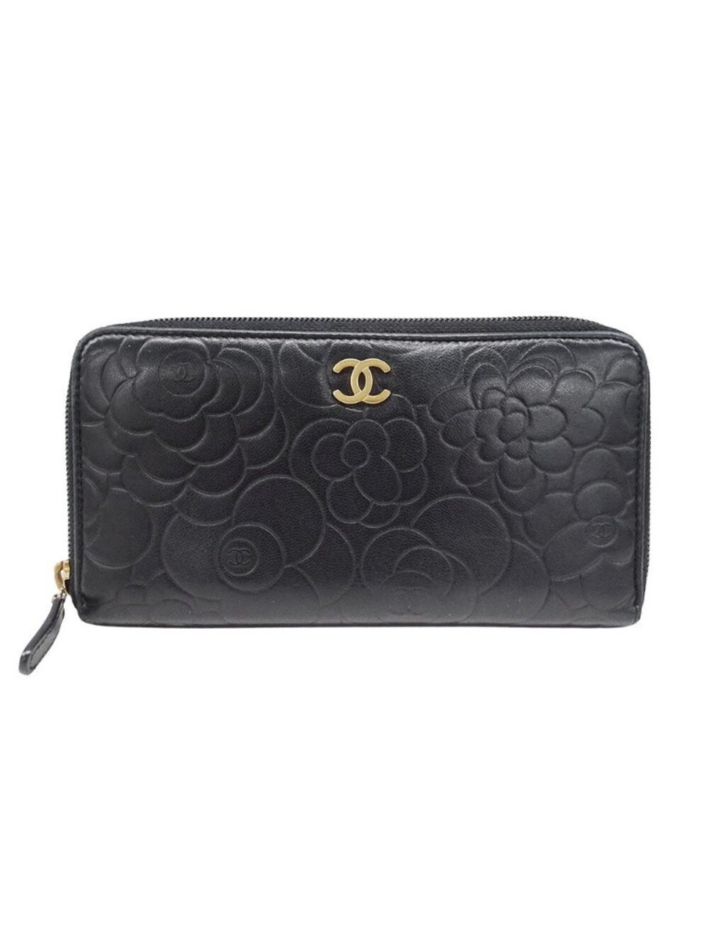 Chanel Wallet Camellia Lambskin Black Gold Zip Around Floral Pattern